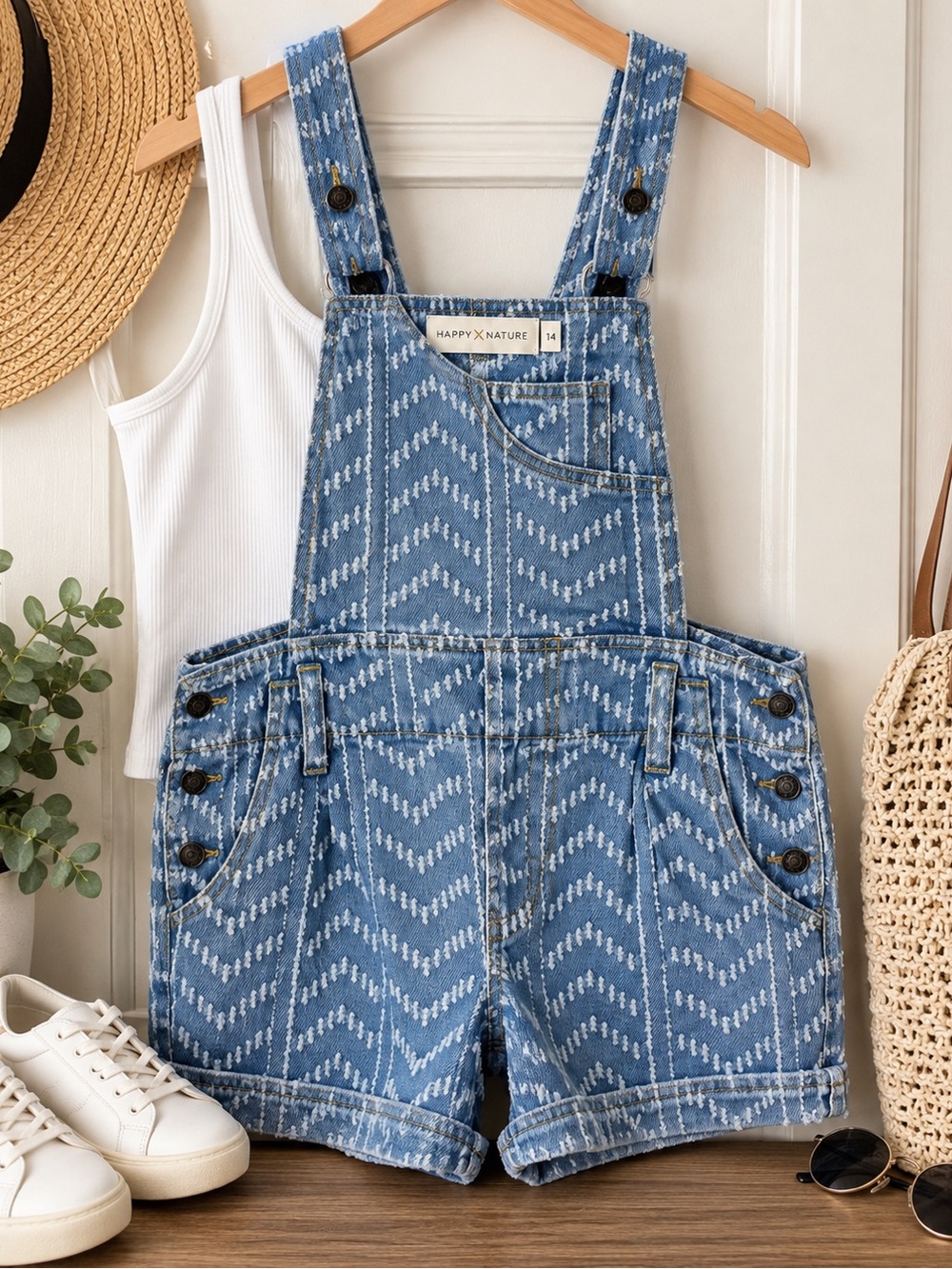 Happy X Nature Blue Patterned Denim Short Overalls